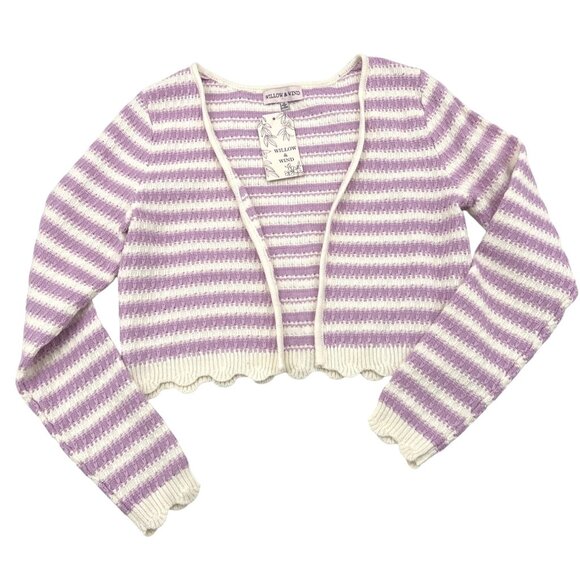 Willow & Wind Purple & White Striped Cropped Cardigan Sweater Scalloped Size MED - Picture 1 of 6